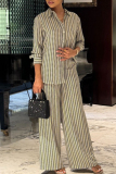 Apricot Loose Casual Stripe Print Button up Turndown Collar Long Sleeve Shirts and Wide Leg Pants Two Pieces Matching Sets