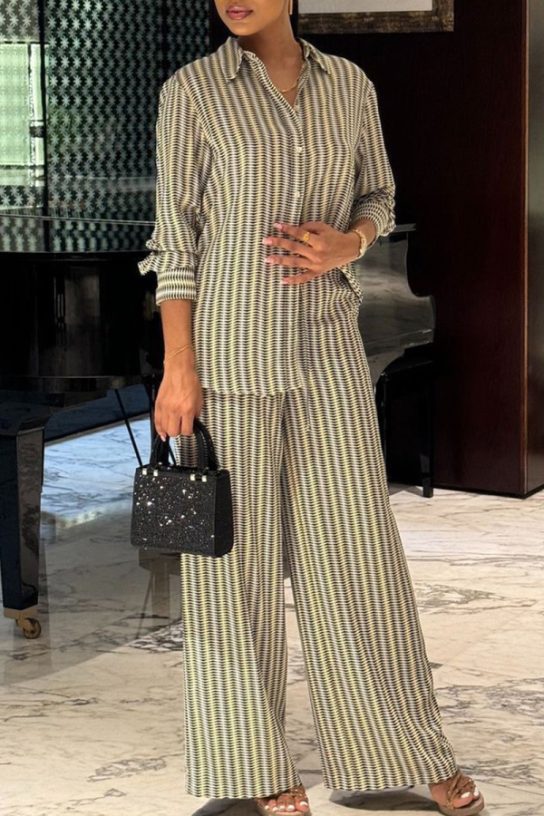 Apricot Loose Casual Stripe Print Button up Turndown Collar Long Sleeve Shirts and Wide Leg Pants Two Pieces Matching Sets