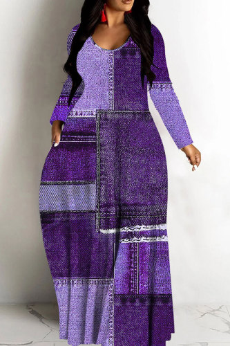 Purple Casual Street Faux Denim Print Long Sleeve Floor Length Loose Vacation Baggy Maxi Dress