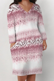 Light Blue Floral Print Deep V Neck Long Sleeve Women's Casual Outing Straight Loose Fit Tunic Midi Dress with Pocket