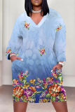 Light Blue Floral Print Deep V Neck Long Sleeve Women's Casual Outing Straight Loose Fit Tunic Midi Dress with Pocket