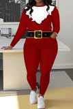 Red Christmas Santa Claus Wapiti Print Round Neck Long Sleeve Sweatshirt and Pencil Sweatpants Fall Winter Two Pieces Sweatsuits Sets