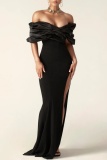 Black Off Shoulder Ruffled Layered Drap Sleeve Backless Slit Long Thigh-High Slit Floor-Length Formal Party Evening Bodycon Dress
