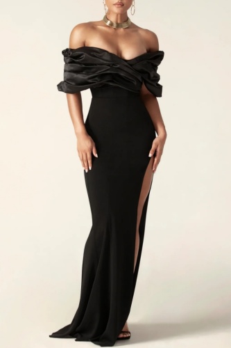 Black Off Shoulder Ruffled Layered Drap Sleeve Backless Slit Long Thigh-High Slit Floor-Length Formal Party Evening Bodycon Dress