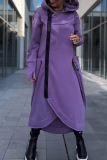 Purple Casual Pocket Zipper Hooded Long Sleeve Irregular High-Low Hem Sweatshirt Dress