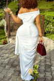 White Sleeveless Oblique Collar Long Floor Length Formal Evening Party Wedding Ruched Bodycon Maxi Dresses