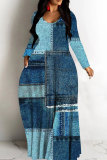 Purple Casual Street Faux Denim Print Long Sleeve Floor Length Loose Vacation Baggy Maxi Dress