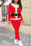 Red Christmas Santa Claus Wapiti Print Round Neck Long Sleeve Sweatshirt and Pencil Sweatpants Fall Winter Two Pieces Sweatsuits Sets