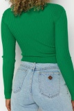 Green Casual Skinny Cut Out Turtleneck Long Sleeve Fall Winter Knitted Short Sweater Tops