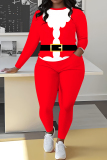 Red Christmas Santa Claus Wapiti Print Round Neck Long Sleeve Sweatshirt and Pencil Sweatpants Fall Winter Two Pieces Sweatsuits Sets
