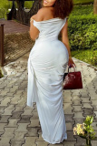 White Sleeveless Oblique Collar Long Floor Length Formal Evening Party Wedding Ruched Bodycon Maxi Dresses