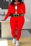 Red Christmas Santa Claus Wapiti Print Round Neck Long Sleeve Sweatshirt and Pencil Sweatpants Fall Winter Two Pieces Sweatsuits Sets