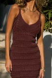 Apricot Casual Backless Sleeveless Spaghetti Strap Wrapped Skirt Textured Knit Bodycon Mini Slip Dress