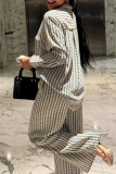 Apricot Loose Casual Stripe Print Button up Turndown Collar Long Sleeve Shirts and Wide Leg Pants Two Pieces Matching Sets