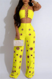 Sleeveless Metal Ring Trim Belted Halter Crop Tops And Hollow Out Wide Leg Pants Vacation Two Pieces Trouser Sets