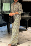 Apricot Loose Casual Stripe Print Button up Turndown Collar Long Sleeve Shirts and Wide Leg Pants Two Pieces Matching Sets