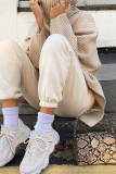 Khaki Casual Loose Slit Turtleneck Long Sleeve Fall Winter Knitted Sweater Tops