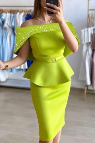 Green Beading Sleeveless Off Shoulder Wrapped Skirt Party Vacation Formal Slim Fit Bodycon Midi Dress