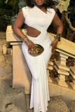 White Sleeveless Oblique Collar Cut-Out Waist Mermaid Hem Formal Evening Party Wedding Long Ruched Bodycon Maxi Dresses
