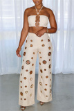 Sleeveless Metal Ring Trim Belted Halter Crop Tops And Hollow Out Wide Leg Pants Vacation Two Pieces Trouser Sets