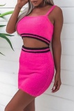 Dark Pink Bodycon Party Club Vacation Striped Backless Spaghetti Strap Sleeveless Cami Tops and Mini Skirts Knitted Two Pieces Dress Sets