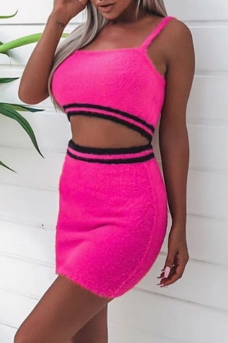 Dark Pink Bodycon Party Club Vacation Striped Backless Spaghetti Strap Sleeveless Cami Tops and Mini Skirts Knitted Two Pieces Dress Sets