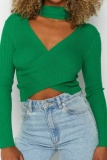 Green Casual Skinny Cut Out Turtleneck Long Sleeve Fall Winter Knitted Short Sweater Tops