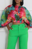 Red Loose Casual Abstarct Print Round Neck Three Quarter Bat-wing Sleeve Elastic Waisted Pleated Tops Blouses