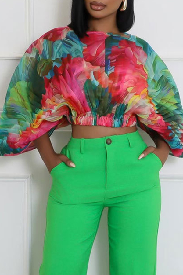 Red Loose Casual Abstarct Print Round Neck Three Quarter Bat-wing Sleeve Elastic Waisted Pleated Tops Blouses