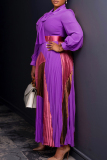 Orange Pink Graphics Print Asymmetrical Collar Long Sleeve Belted Gown Formal A-Line Pleated Flowy Maxi Dress