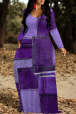 Purple Casual Street Faux Denim Print Long Sleeve Floor Length Loose Vacation Baggy Maxi Dress