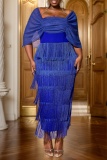 Blue Tassel Square Neck Short Sleeve Bodycon With Fringe Detail Evening Party Formal One Step Skirt Bodycon Maxi Dresses