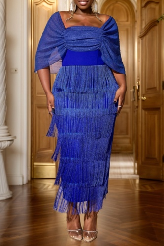 Blue Tassel Square Neck Short Sleeve Bodycon With Fringe Detail Evening Party Formal One Step Skirt Bodycon Maxi Dresses
