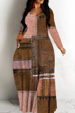 Purple Casual Street Faux Denim Print Long Sleeve Floor Length Loose Vacation Baggy Maxi Dress