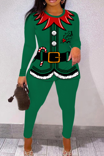 Dark Green Christmas Santa Claus Print Round Neck Long Sleeve Sweatshirt and Pencil Sweatpants Fall Winter Two Pieces Sweatsuits Sets