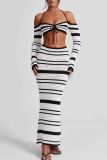 White Vacation Stripe Backless Strap Design Halter Long Sleeve Bra Crop Tops and Long Mermaid Skirts Kintted Two Pieces Dress Sets