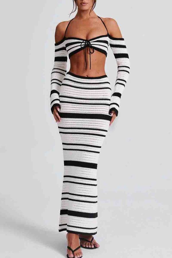 White Vacation Stripe Backless Strap Design Halter Long Sleeve Bra Crop Tops and Long Mermaid Skirts Kintted Two Pieces Dress Sets