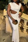 White Sleeveless Oblique Collar Cut-Out Waist Mermaid Hem Formal Evening Party Wedding Long Ruched Bodycon Maxi Dresses