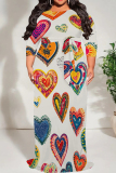 White Casual Playful Heart Print Strap Design O Neck Long Loose Fit Flowy Plus Size Summer Dress For Vacation Beach