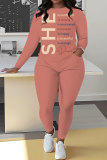 Black Sportwear Letter Print Round Neck Long Sleeve Sweatshirt and Pencil Sweatpants Fall Winter Two Pieces Sweatsuits Sets
