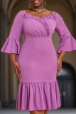 Purple Square Neck Ruffle Sleeve Wrapped Skirt Ruffle Hem Evening Party Evening Bodycon Midi Dresses