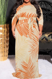Apricot Casual Bohemian Leaf Print O Neck Long 3/4 Sleeve Loose Fit Flowy Plus Size Summer Dress For Vacation Beach