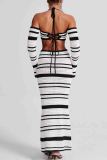 White Vacation Stripe Backless Strap Design Halter Long Sleeve Bra Crop Tops and Long Mermaid Skirts Kintted Two Pieces Dress Sets