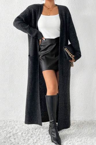 Black Casual Pocket Long Sleeve Fall Winter Long Knitted Sweater Cardigan Outerwear Coats