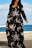 Beige Floral Print Crewneck Long Sleeve Plus Size Straight Loose Maxi Dresses