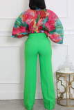 Red Loose Casual Abstarct Print Round Neck Three Quarter Bat-wing Sleeve Elastic Waisted Pleated Tops Blouses