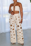 Sleeveless Metal Ring Trim Belted Halter Crop Tops And Hollow Out Wide Leg Pants Vacation Two Pieces Trouser Sets