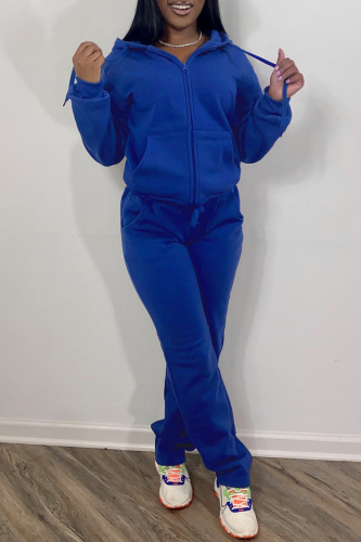 Blue Fashion Casual Solid Basic Hooded Collar Long Sleeve Two Pieces