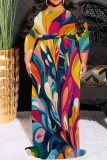 Apricot Casual Bohemian Leaf Print O Neck Long 3/4 Sleeve Loose Fit Flowy Plus Size Summer Dress For Vacation Beach