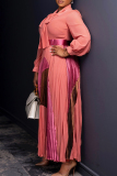 Orange Pink Graphics Print Asymmetrical Collar Long Sleeve Belted Gown Formal A-Line Pleated Flowy Maxi Dress